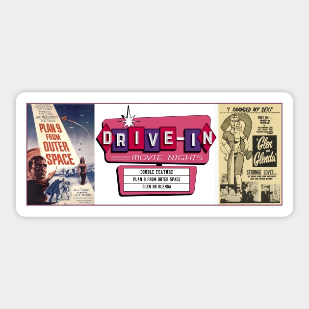 Drive-In Double Feature - Ed Wood's Plan 9 & Glen or Glenda Sticker by Starbase79